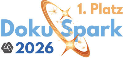 DokuSpark-2026-Grafik mit dem Schriftzug „1. Platz“, blauem DokuSpark-Logo, orangefarbenem Funkenmotiv, tekom-Symbol und Jahreszahl 2026.